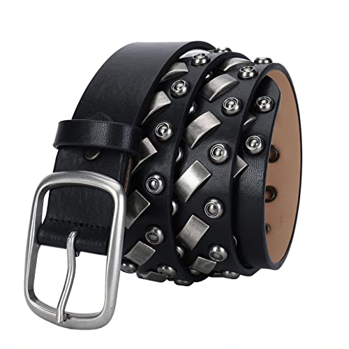 Punk Studded Belt Metal Rock Grommet Threads Goth Rivet Black Leather Belts with Bright Pyramid Studs for Women Men(115cm/waist:38