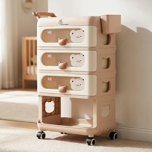 Image of R for Rabbit Kiddo Korner Bear Baby Organiser with Drawers & Wheels | Kids Toy & Clothes Storage with Open Shelf & Side Basket | Easy Plug N Play Installation with Lockable 360 Wheels (Brown Cream)