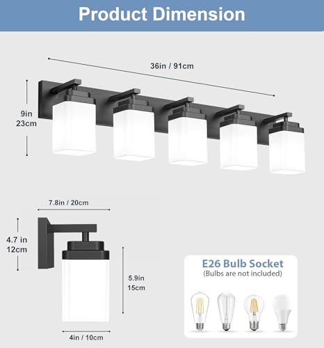Image of Matte Black Bathroom Light Fixtures, 5 Lights Bathroom Lighting Fixtures Over Mirror, Square Design & Rectangle Large Backplate, Modern Vanity Lighting Fixtures, for Living Room /Bedroom