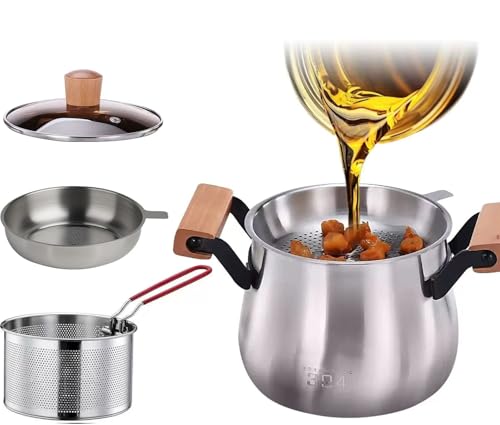 Image of Small Deep Fryer Pot with Strainer & Basket, Stainless Steel Oil Filter Bacon Grease Container, Cooking Oil Container With Frying Basket, Small Capacity Oil Strainer Pot for Kitchen and Camping (2.5L)