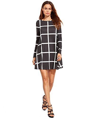 SheIn Women's Grid Check Print Long Sleeve Swing Dress Large Black