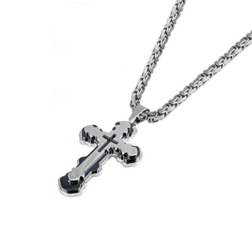 Mechanic Style Stainless Steel Mens Cross Byzantine Necklace Chain (Silver color)