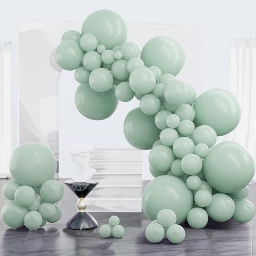 Image of PartyWoo Dusty Green Balloons 100pcs Different Sizes Pack of 18 12 10 5 Inch Sage Olive Eucalyptus Green Boho Neutral Balloon Arch Kit for Jungle Dinosaur Theme Birthday Party Decorations Green-F35