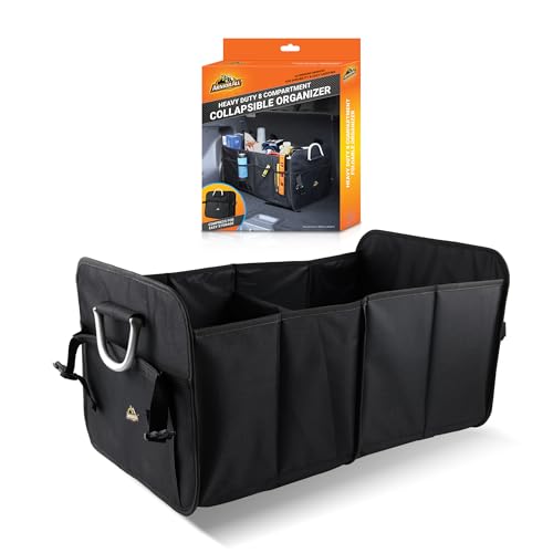 Armor All Trunk Organizer for SUV & Car Storage, XL Heavy-Duty 8 Compartment Collapsable Waterproof Car Organizer, 2 Sections & 6 Pockets, 24” x 14.6” x 12.6”, Aluminum Handles, Compression Buckles