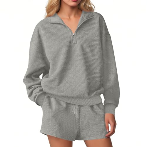 bawilom Womens 2 Piece Outfits Lounge Sets Long Sleeve V Neck 1/4 Zip Sweatshirt and Sweat Shorts Set Fall Fashion Sweatsuit