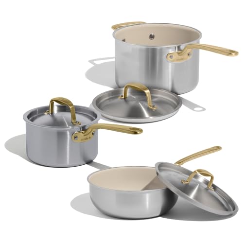 Image of Made In Cookware - 6 Piece Stainless Steel Saucepan Set with Lid (Antique Brass Handle) - 5 Ply Clad - Includes Non Stick Saucepans and Saucier - Professional Cookware - Crafted in Italy