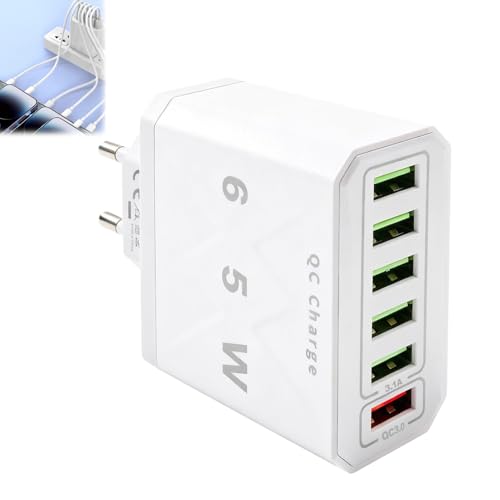 65W Chargeur USB Multiple 6 Ports, Chargeur Rapide QC 3.0 Smart Charger, Prise USB Multiple 65W pour iPhone 15 14 13 12 11 XS XR, pour Galaxy S23 S22 S21,...