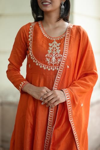 Image of MOKOSH Women's Silk Embroidery Anakrali Kurta Pant with Dupatta | Anarkali Kurta Set | Round Neck Full Sleeve Ethnic Suit | Floral Kurta 7 Colour Option Available | 3 Piece Outfit