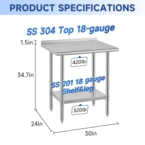 Image of ROCKPOINT SS304 Top All Stainless Steel Table for Prep & Work with Backsplash 24x30 Inches, NSF Commercial Kitchen Heavy Duty Table with Adjustable Undershelf for Restaurant,Kitchen, Home and Hotel