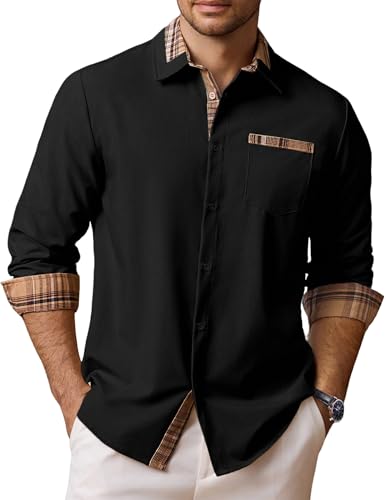 Vssjavun Mens Casual Dress Shirt Plaid Collar Long Sleeve Button Down Shirts Regular Fit Shirts