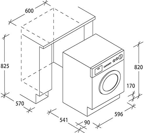 Technical drawing showing dimensions of the Candy washer dryer for installation