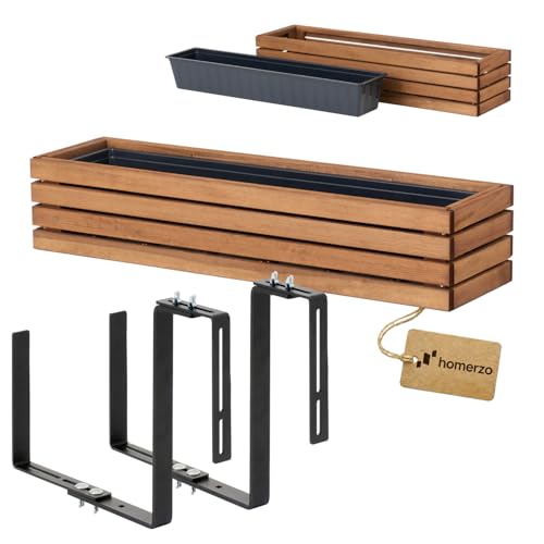 HOMERZO Holz Pflanzkasten Blumenkasten rechteckig braun imprägniert mit herausnehmbarem Kunststoff-Einsatz Pflanzkübel für Balkon Garten & Terrasse (Horizontal-braun 86x23 H20 + Halter)