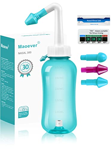 MAOEVER Neti Pot Sinus Rinse Bottle Nose Wash Cleaner Pressure Rinse Nasal Irrigation for Adult & Kid BPA Free 300 ML with 30 Nasal Wash Salt Packets and Sticker Thermometer