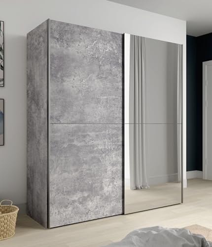 Forte KAIKAIS 150 170 - Armadio con ante sospese con specchio, 2 ante e mensole appendiabiti, moderno effetto cemento, decorazione in legno, 170 cm di larghezza x 190,5 cm di altezza x 61 cm di