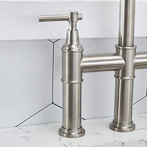 SHACO Modern Commercial Two Handle Solid Brass Pull Down Brushed Nickel Bridge Kitchen Faucet,3 Hole Traditional Country Heritage Faucets for Kitchen Sinks with Pull Down Sprayer