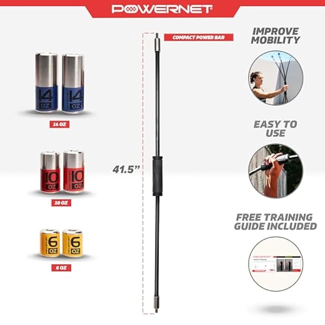 PowerNet Compact Power Bar, Weighted Tube with Interchangeable Weights, Strength Training Shoulder Rehabilitation Aid, Baseball Training Warm Up Cool Down, Increase Strength, Mobility & Flexibility