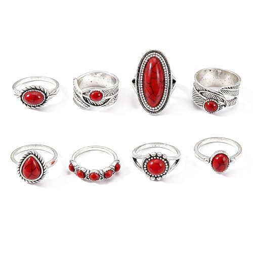 Yeqeyiq Red Western Ring Set for Women Vintage Silver Tone Stackable Joint Knuckle Rings Boho Southwestern Style Red Stone Finger Bands Costume Jewelry Accessories Gifts