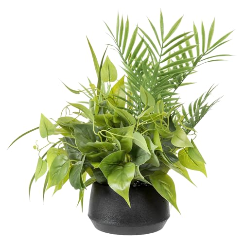 MyGift 15 Inch Tall Artificial Palm and Green Leafy Vine Arrangement Potted in Matte Black Concrete Planter Pot, 3 Assorted Faux Greenery Plants Indoor Home Decor