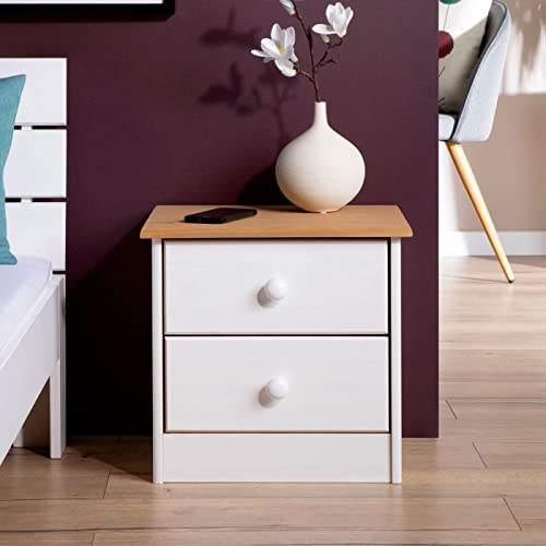 IDIMEX Table de Chevet Rondo avec 2 tiroirs, Table de Nuit en pin Massif, Chevet en Bois lasuré Blanc et Brun