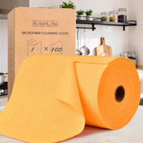 KitchLife Microfiber Cleaning Cloth Roll 100 Pack - Tear-Away Microfiber Paper Towels Lint-Free Reusable Washable for Kitchen Car Dishes and Sensitive Surfaces (Tangerine Yellow)
