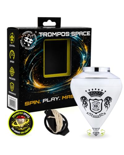 TROMPOS SPACE - Trompo Profesional Júpiter Roller de Gran Diámetro, Peonza con Punta Roller de Doble Rodamiento, Centro de Gravedad Modulable y Tapa Calibrable, Cuerda y Packaging Oficial, Color Plata