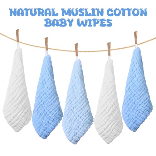 Image of Breling 20 Pcs Baby Muslin Washcloth 12 x 12 Inch 100% Cotton Soft and Absorbent Muslin Washcloth Burp Cloth Wipe Newborn Face Towel for Baby Boy Girl Sensitive Skin(White, Light Blue, Blue)