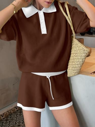 Image of Tankaneo Womens 2 Piece Short Sets Short Sleeve Knit Tops Vacation Outfits | Sweater Fabric, 2026 Summer, Collared, Matching Lounge Set