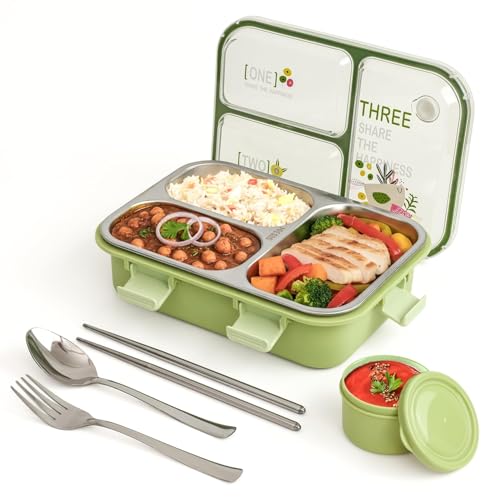 Image of PRIME DEALS Lunch Box 3 Compartment Leak-Proof BPA Free Stainless Steel, Lunch Box for Kids, Lunch Box for School & Office with a Fork, a Spoon and a Pair of Chopsticks (Green, 3 Compartment)