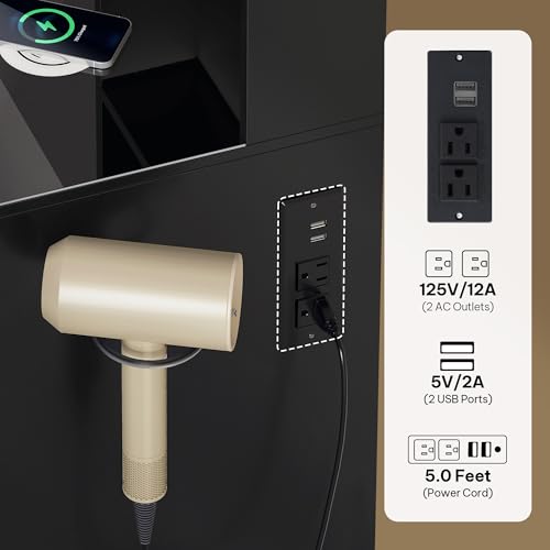 DWVO 45" W Vanity Desk w/Wireless Charging Station & Power Outlet, Mirror w/Lights Table Set with 4 Drawers, 3 Lighting Modes Brightness Adjustable for Bedroom Studio, Upgraded Dark Black