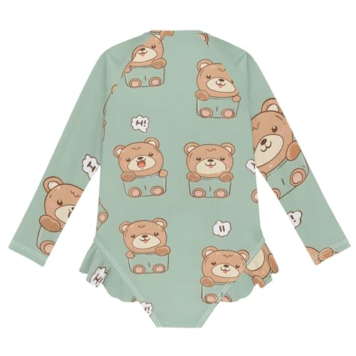 Girls One Piece Swimsuits Long Sleeve Swimsuit Zipper Bathing Suits Cute Teddy Bear Cup Green2