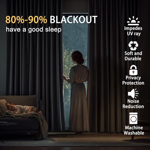 JIUZHEN Blackout Curtains with Tiebacks - Thermal Insulated, Light Blocking and Noise Reducing Grommet Curtain Drapes for Bedroom and Living Room, Set of 2 Panels, Black, 52 x 63 Inch Length by JIUZHEN - Image 4