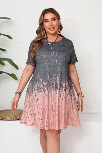 Image of Plus Size Vacation Dress for Women Short Sleeve Summer Beach Sundress with Pockets Loose Fit Knee Length Swim Cover up 3X Tie Dye