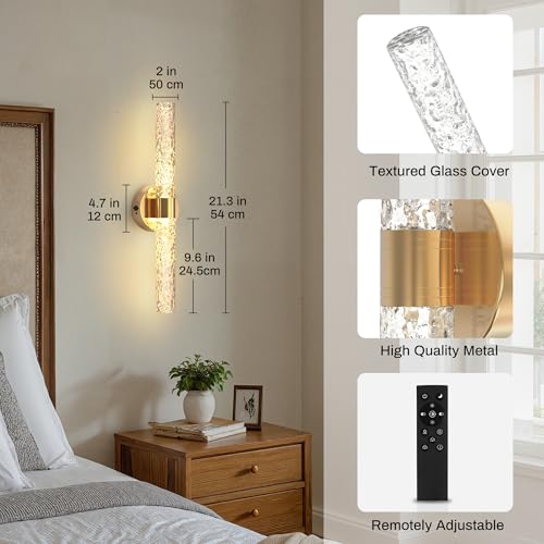 Image of DORESshop Battery Operated Wall Sconces Set of 2, 10000mAh Rechargeable Wall Sconce with Stone Pattern Acrylic, Dimmable Wireless Wall Sconce, Sconce Wall Decor for Living Room, Bedroom, Gold 21.4in