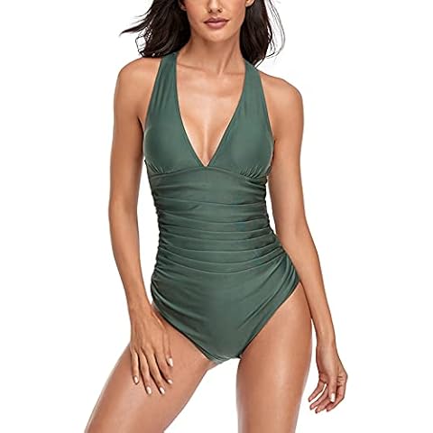 IHCEMIH Swimming Costume Women One Piece Swimsuits Tummy Control Halter V Neck Push up Criss Cross Back Swimwear Beachwear Swimsuit Bathing Suit Monokini Summer Swimming Costumes for Ladies Green M Cover