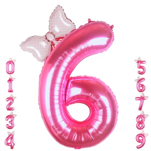 40 Inch Pink Number 6 Balloon with Mini Bow Balloon for Girls 6th...