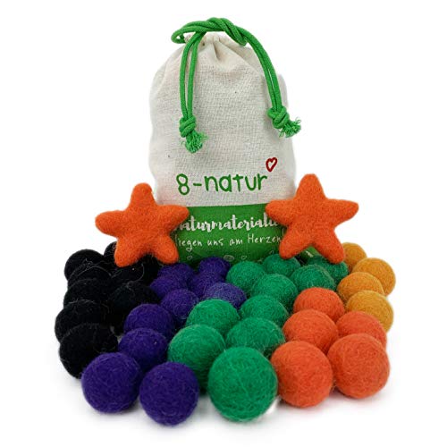 8-Natur® Mix Halloween - Juego de 50 bolas de fieltro (2,2 cm de grosor, lana de merino pura, para manualidades, guirnaldas, móvil de bebé y alfombra de fieltro o simplemente para decoración)