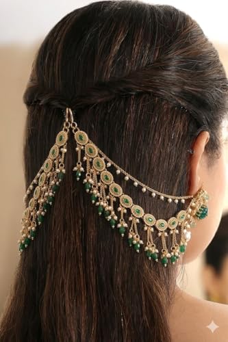 Image of Green Kundan Pearl Ear Chain for Women | Traditional Bridal Ear Accessory | Gold Plated Ethnic Side Jhumar Pair