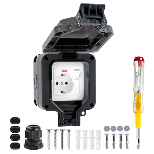 Presa Esterna Impermeabile IP66 con Interruttore e Luce LED, Presa di Corrente Resistente Alle Intemperie per Giardino, Patio e Zone Umide, Montaggio a Parete (Nero)