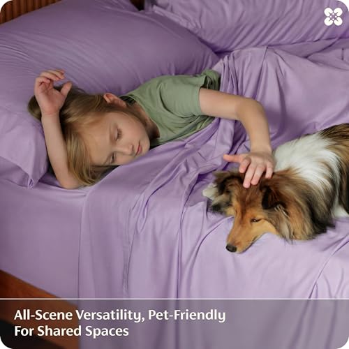 Image of Bedsure PureWoven 100% Rayon Derived from Bamboo, Full Size Sheets, 4 PCS | Cooling Sheets for Hot Sleepers, Breathable & Silky Soft, 16 inch Deep Pocket, Hotel Luxury Bedding, Lilac