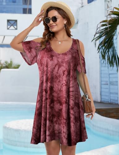 Image of JollieLovin Womens Plus Size Short Sleeve Cold Shoulder V Neck T-Shirt Dress with Pockets