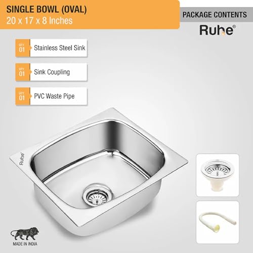 Image of Ruhe Stainless Steel Oval Bowl Kitchen Sink 20x17x8 Inches (Glossy Finish), Bright Silver