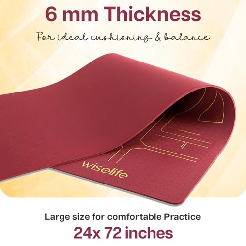 Image of WiseLife TRU Body Alignment Yoga Mat + Sleek Yoga Strap for Men and Women | Non-Slip Textured Extra Wide & Thick | Pro Balance TPE Exercise Mat for Home, Pilates, Gym & Fitness (6mm, Red)