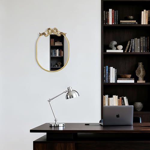 Image of SANY DAYO HOME Wall Hanging 16″ x 12″ Gold Metal Framed Oval Mirror with Decorative Bow, Modern Farmhouse Real Glass Accent Mirror for Vanity, Bathroom, Entryway