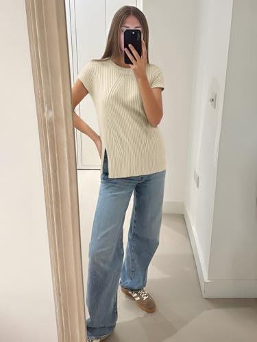 Image of Imily Bela Womens Short Sleeve Sweater Casual Crew Neck Rribbed Knit Split Pullover Summer Tunic Tops