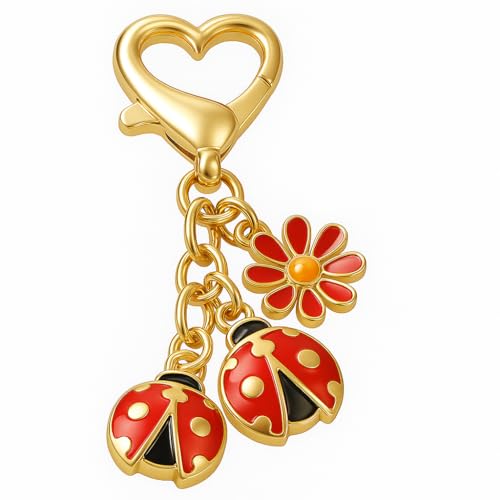 Porte-Clés Coccinelle – Porte-Clé Fleur Breloque de Sac pour Femme avec Fleur Rouge Vibrante et...