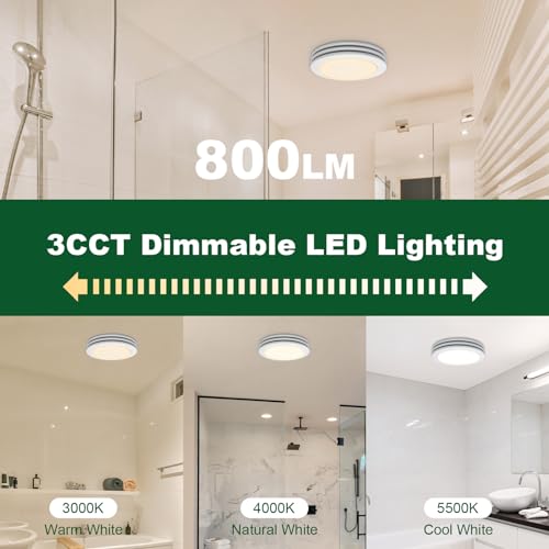 Image of Akicon Bathroom Exhaust Fan with Light, 80CFM 2.0 Sones Round Bathroom Fan Light Combo, Dimmable 3CCT LED with Acrylic Cover for Medium Room (Satin White)