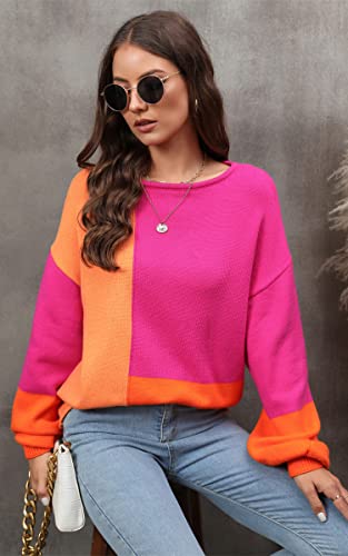 Image of ECOWISH Women Sweater Long Sleeve Color Block Knit Pullover Sweaters Crew Neck Patchwork Casual Loose Jumper Tops