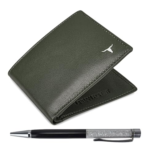 Image of URBAN FOREST Griffin Aniline Green Leather Wallet & Diamond Pen Combo Gift Set for Men