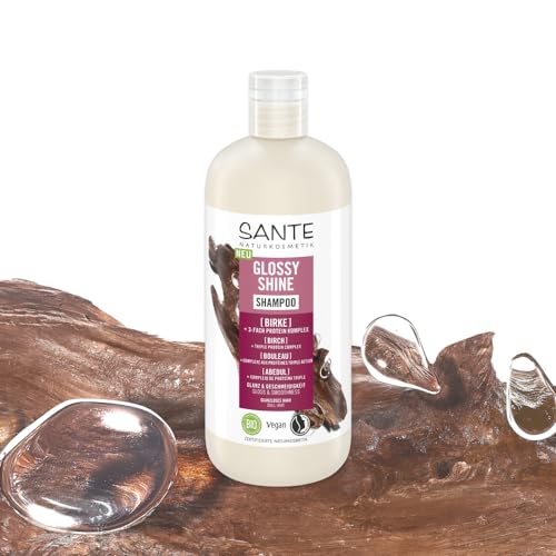SANTE Naturkosmetik Glossy Shine Shampoo Bio-Birkenblattextrakt + 3-Fach Protein Komplex, vegane und feuchtigkeitsspendende Haarpflege für mehr Glanz und Geschmeidigkeit, mit zartem Kokosduft, 500 ml