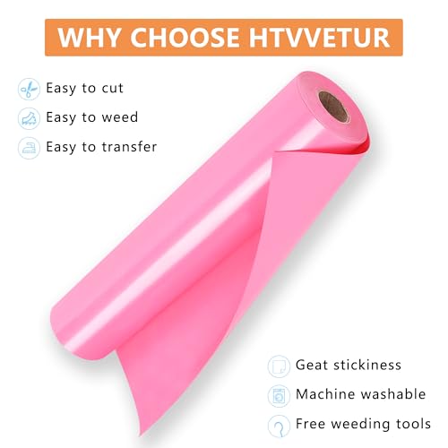 Image of HTVVETUR Pink HTV Iron on Vinyl 12Inch by 35ft Heat Transfer Vinyl for T-Shirt HTV Rolls for All Cutter Machine - Easy to Cut & Weed (35ft, Pink)